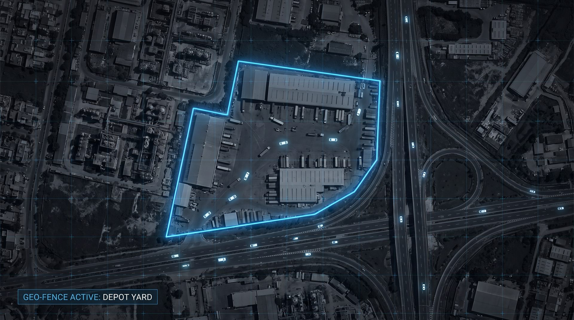 Satellite view with a glowing geofence polygon over a depot