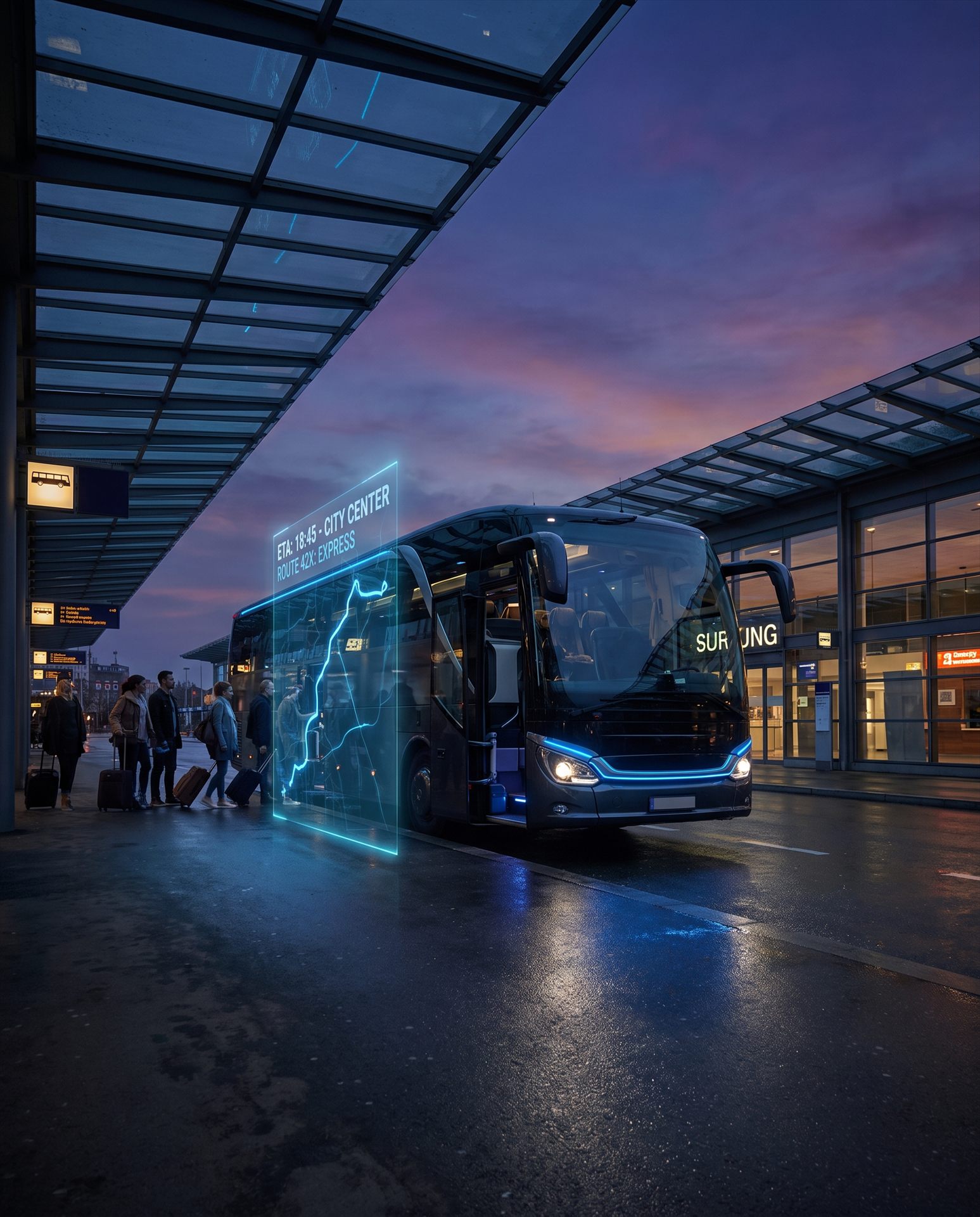Intercity coach at a terminal at dusk