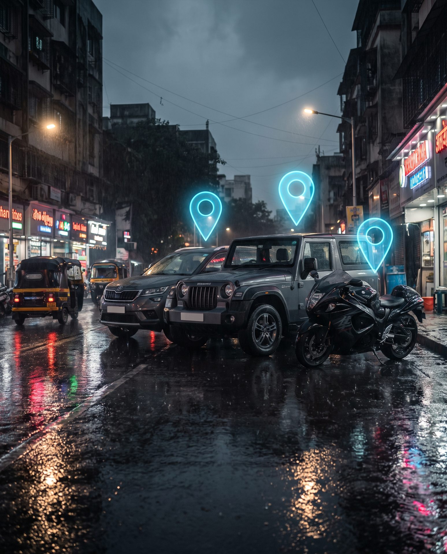 SUV and motorcycle on a rain-wet city street with GPS pins
