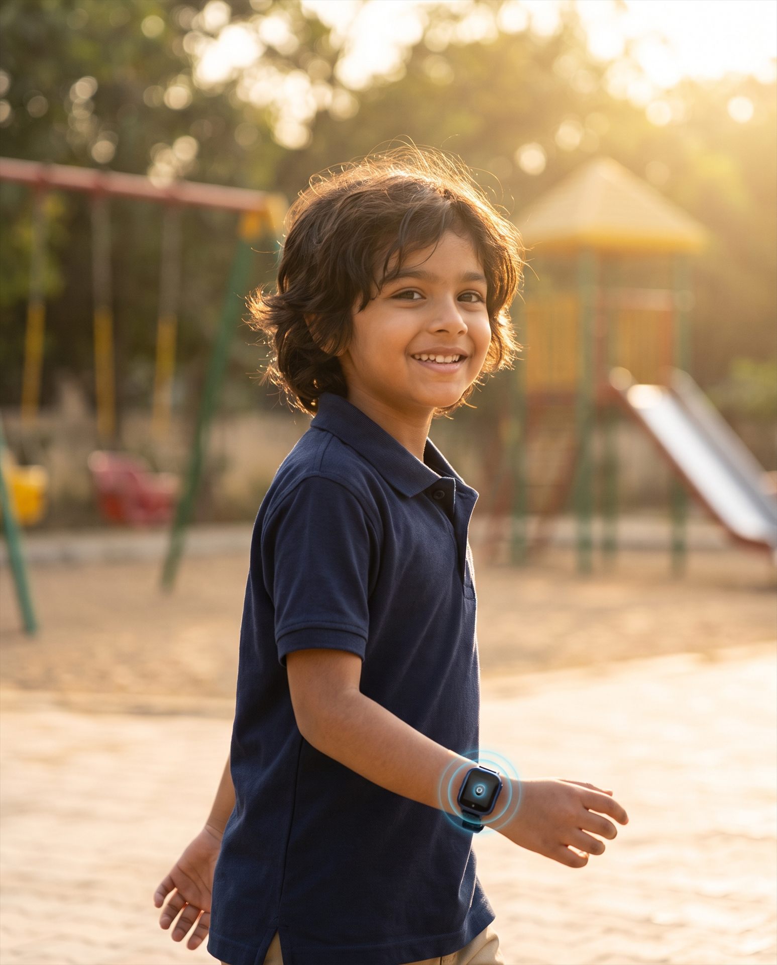 Child wearing a GPS smartwatch in a playground