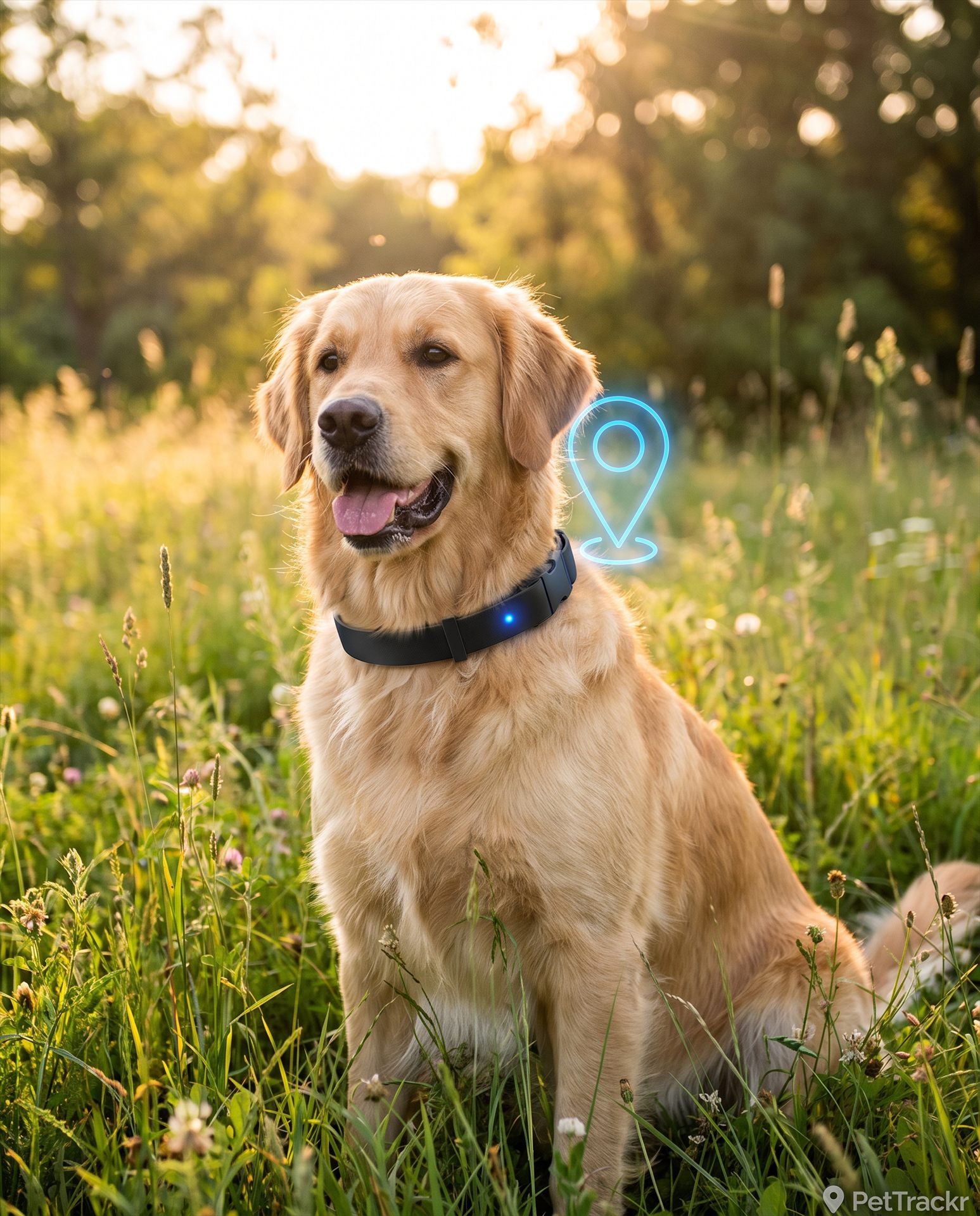Golden retriever wearing a GPS collar in a park
