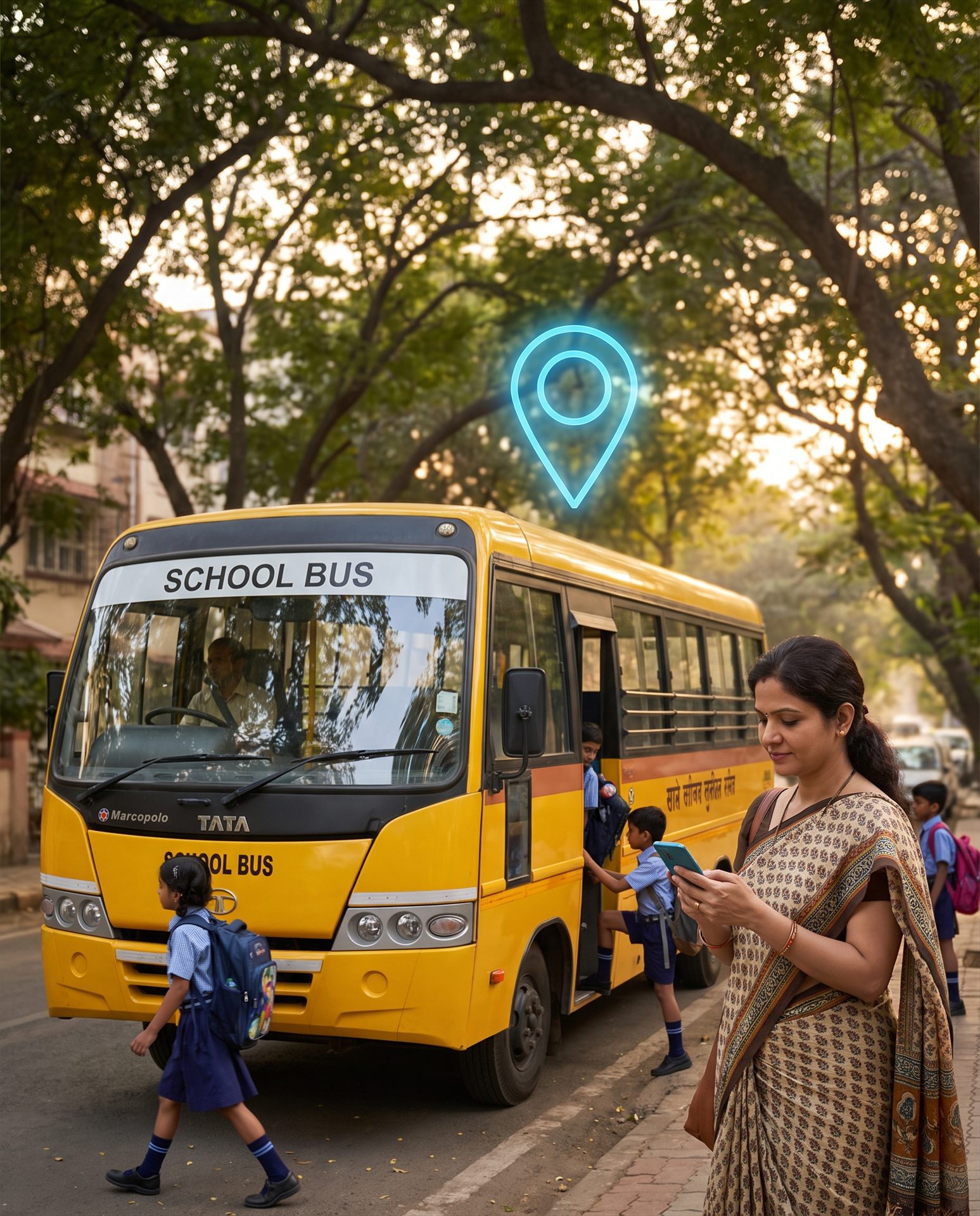 Yellow school bus with children boarding and a parent checking her phone